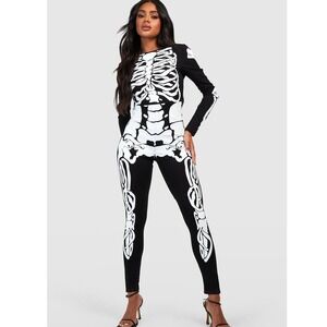 New 8 Medium Black Skeleton Halloween Costume Jumpsuit Stretchy Long Sleeve Goth